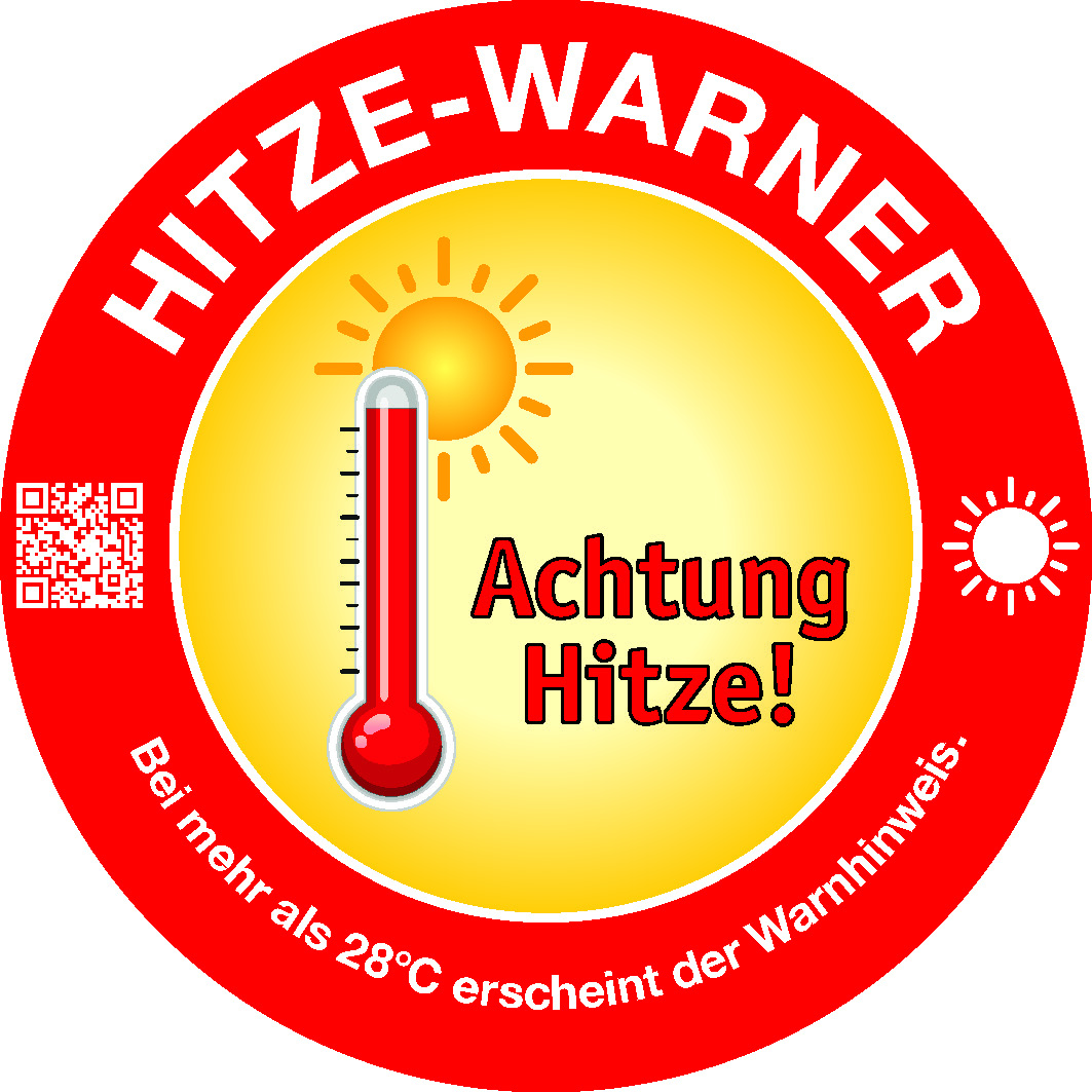 Aktivierter Hitzewarner Aufkleber mit dem Text Achtung Hitze